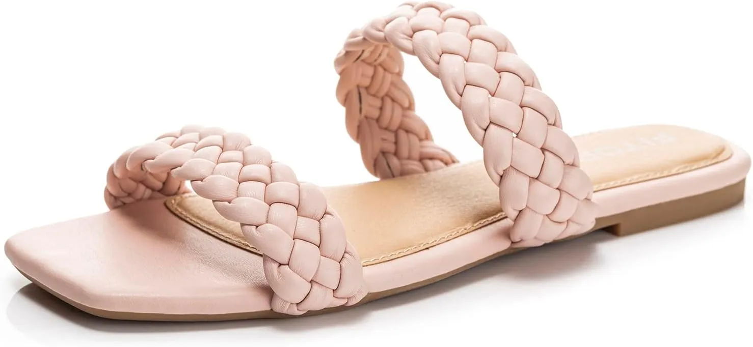 FITORY Womens Flat Sandals Fashion Round Open Toe Slip On Slides with Braided Strap Slippers for Summer Size 6-11