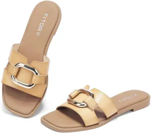 FITORY Women's Flat Sandals Fashion Square Open Toe Slides With Metal Chain Slippers for Summer Size 6-11