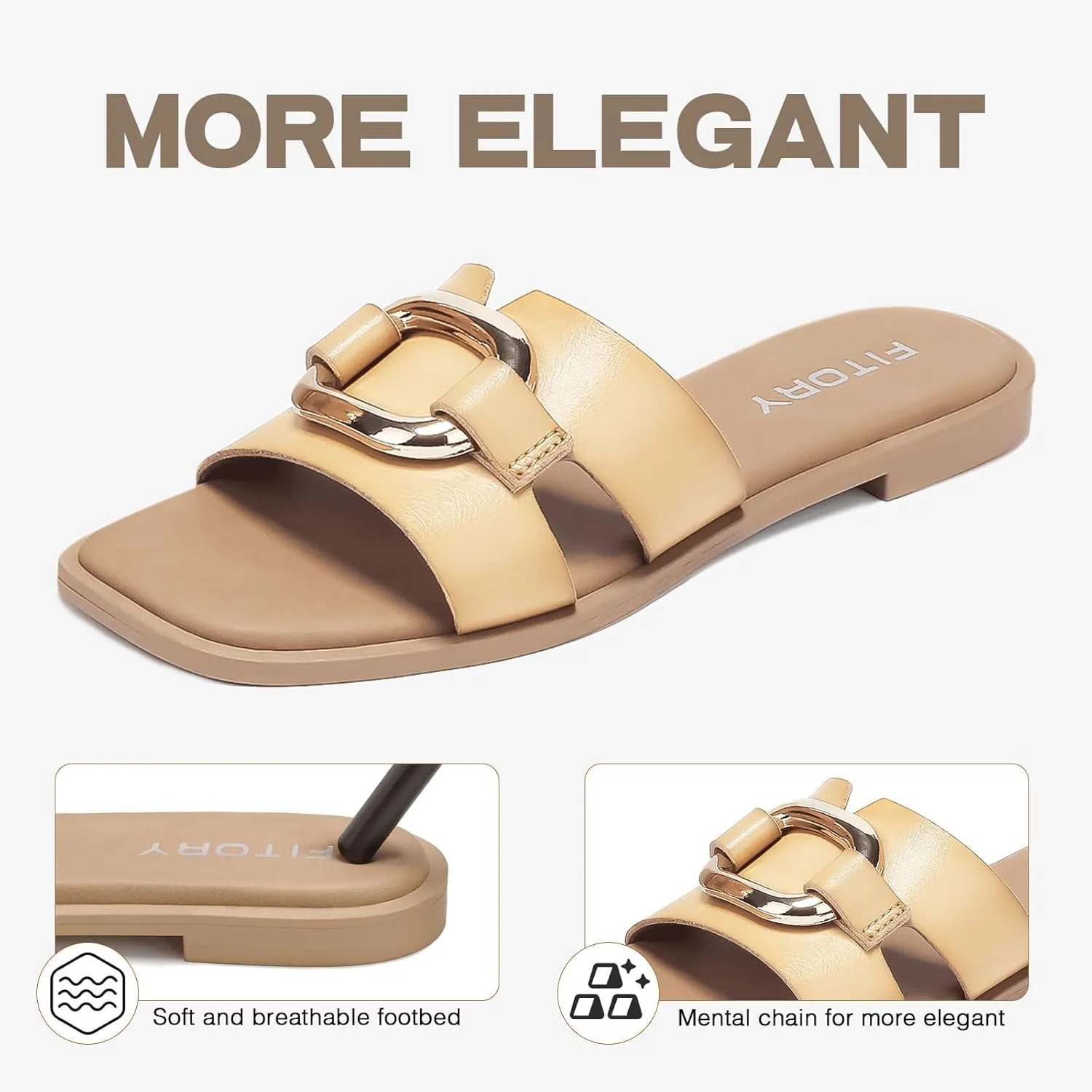 FITORY Women's Flat Sandals Fashion Square Open Toe Slides With Metal Chain Slippers for Summer Size 6-11