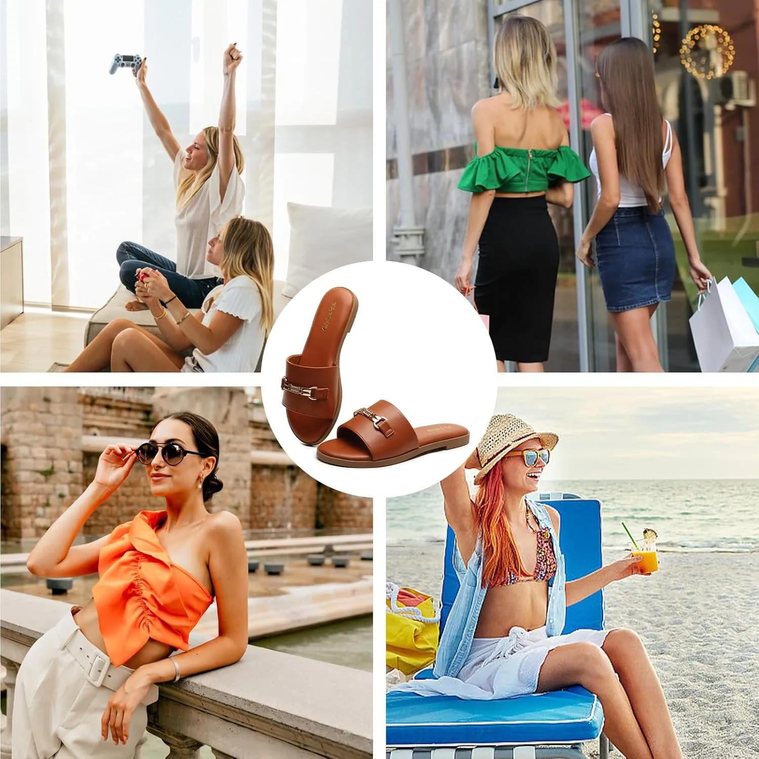 Flat Sandals for Women 2025 Slide Sandals Summer Fashion Women Dressy Slip on Shoes for Party Wedding Vacation Beach Walking Square Open Toe Shoes