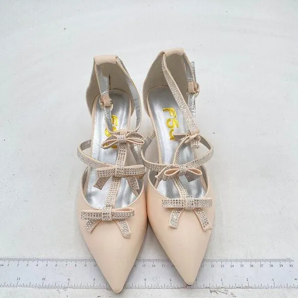 FSJ Beige Crystal Bow Gladiator Pump Ankle Buckle Strap Low Kitten Heel Sandals