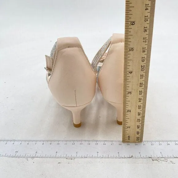 FSJ Beige Crystal Bow Gladiator Pump Ankle Buckle Strap Low Kitten Heel Sandals