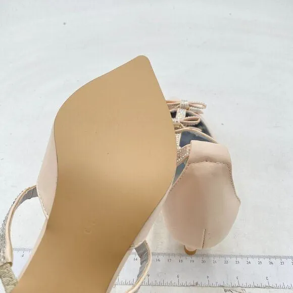 FSJ Beige Crystal Bow Gladiator Pump Ankle Buckle Strap Low Kitten Heel Sandals