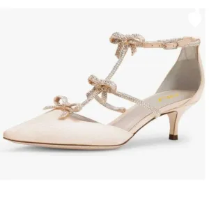 FSJ Beige Crystal Bow Gladiator Pump Ankle Buckle Strap Low Kitten Heel Sandals