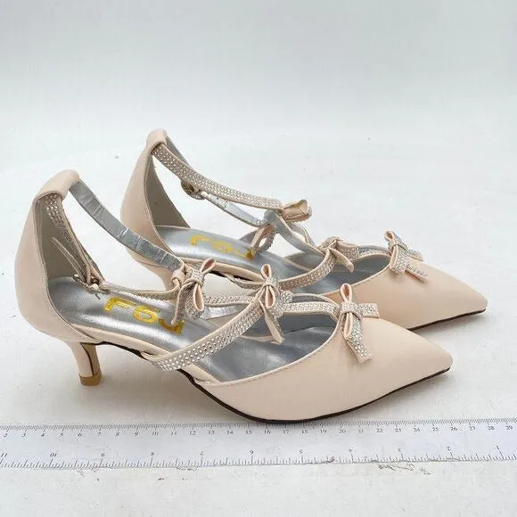 FSJ Beige Crystal Bow Gladiator Pump Ankle Buckle Strap Low Kitten Heel Sandals