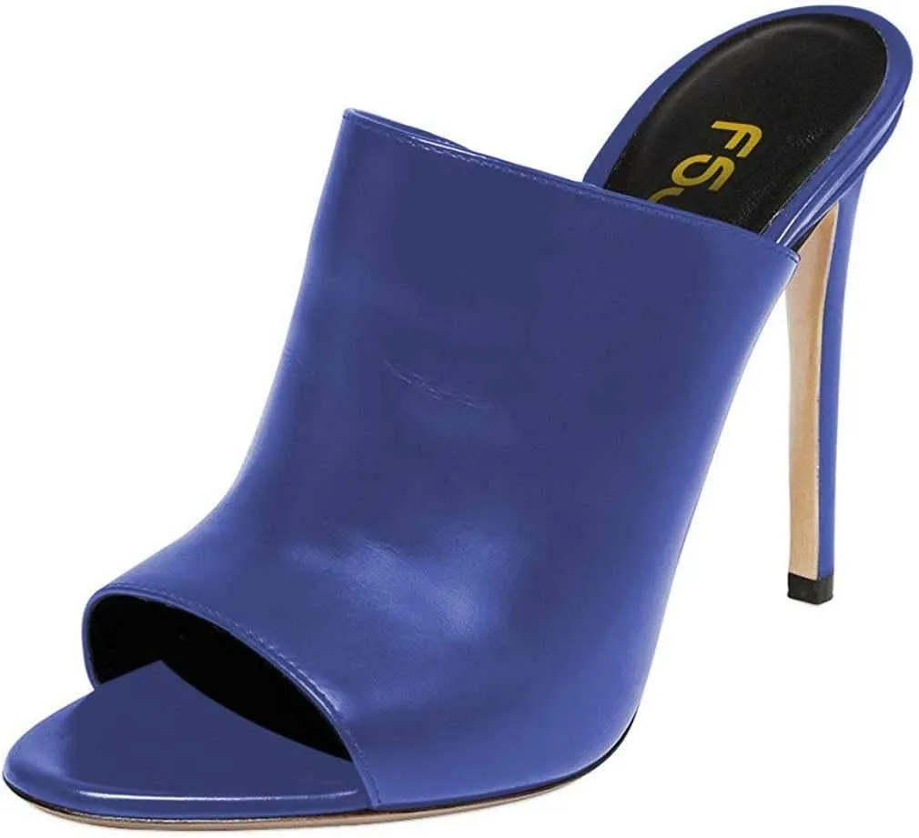 FSJ Wome Open Peep Toe Mule Sandals Wide Strap Slide Slippers Stiletto High Heels Slip on Backless Summer Casual Shoes 4-15 M US