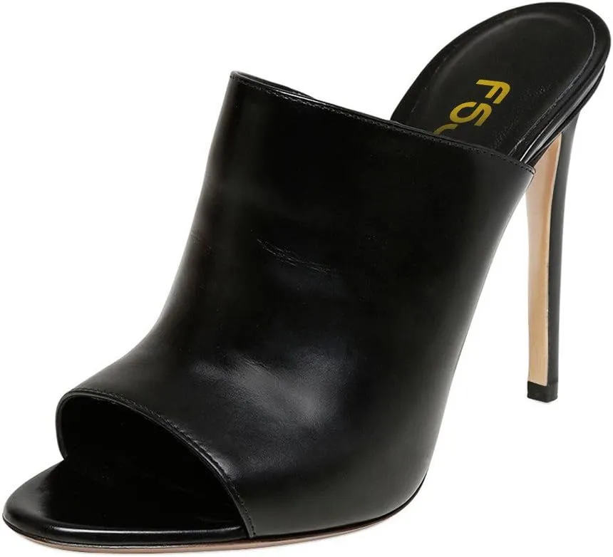 FSJ Wome Open Peep Toe Mule Sandals Wide Strap Slide Slippers Stiletto High Heels Slip on Backless Summer Casual Shoes 4-15 M US