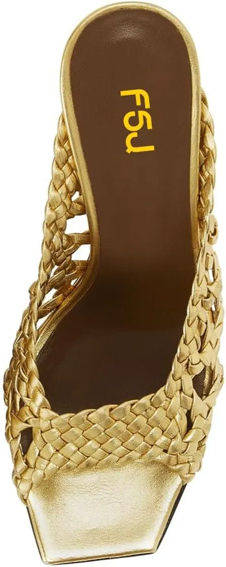 FSJ Women Braided Slip On Mules Square Open Toe Chunky Block Heels Comfortable Backless Heeled Sandals Casual Dressy Shoes Size 4-16 US
