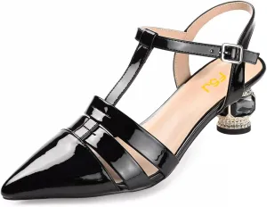 FSJ Women Elegant Block Low Heel T-Strap Pointed Toe Ankle Strap Gladiator Sandals Crystal Office Work Pump Shoes Size 4-16 US