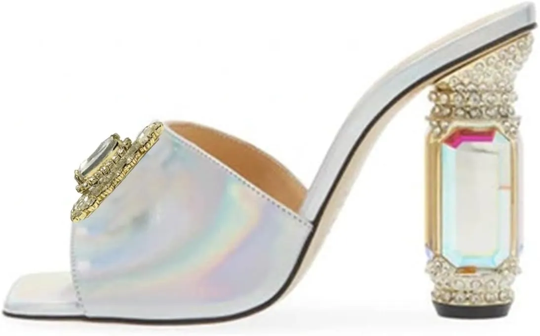 FSJ Women Luxury Square Crystal High Heel Sandals Mule Open Toe Rhinestone Block Heel Slip On Comfort Evening Party Dress Gem Slides Shoes Size 4-16 US