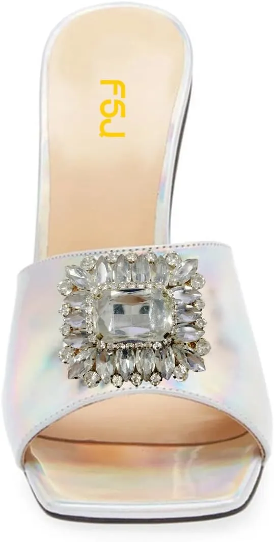FSJ Women Luxury Square Crystal High Heel Sandals Mule Open Toe Rhinestone Block Heel Slip On Comfort Evening Party Dress Gem Slides Shoes Size 4-16 US