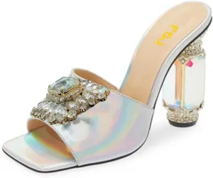 FSJ Women Luxury Square Crystal High Heel Sandals Mule Open Toe Rhinestone Block Heel Slip On Comfort Evening Party Dress Gem Slides Shoes Size 4-16 US