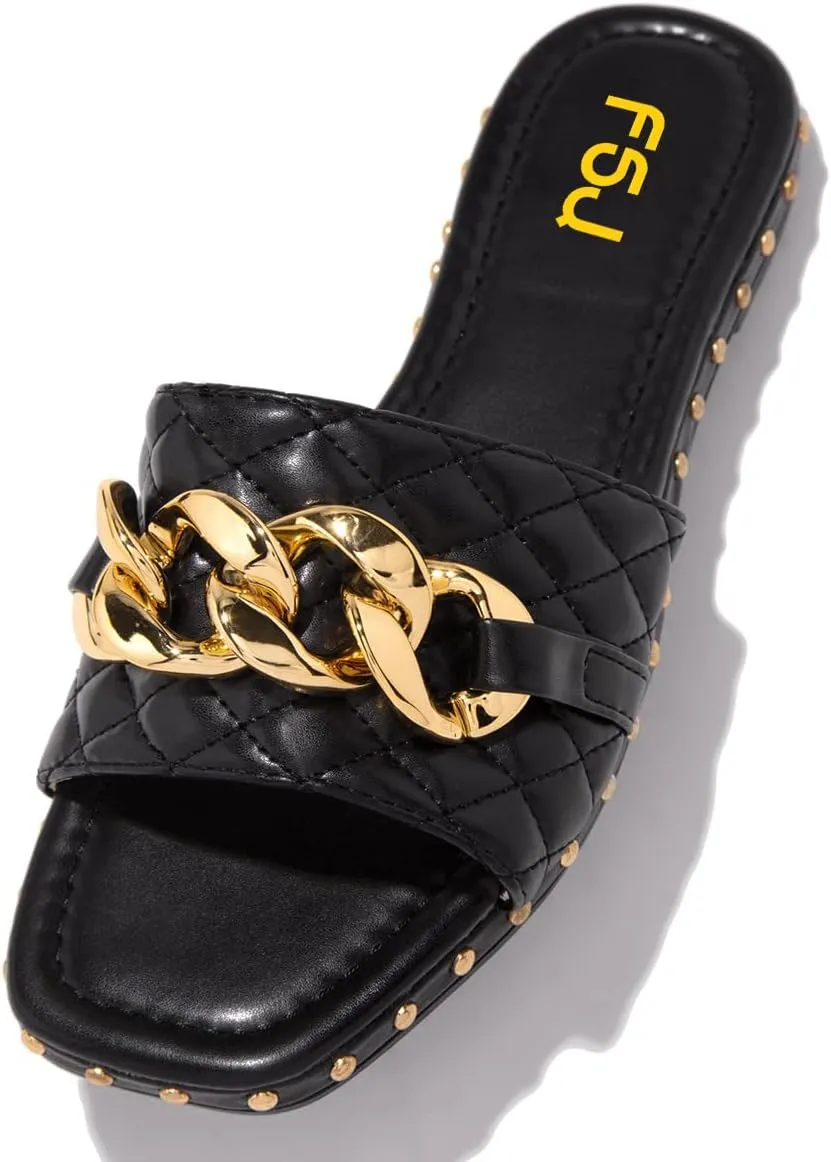 FSJ Women Sexy Square Open Toe Comfortable Flat Thick Sole Cushion Sandals Fashion Gold Chain Style Slip On Slides Checkered Strap Studded Daily Ladies Summer Shoes Size 4-15 US