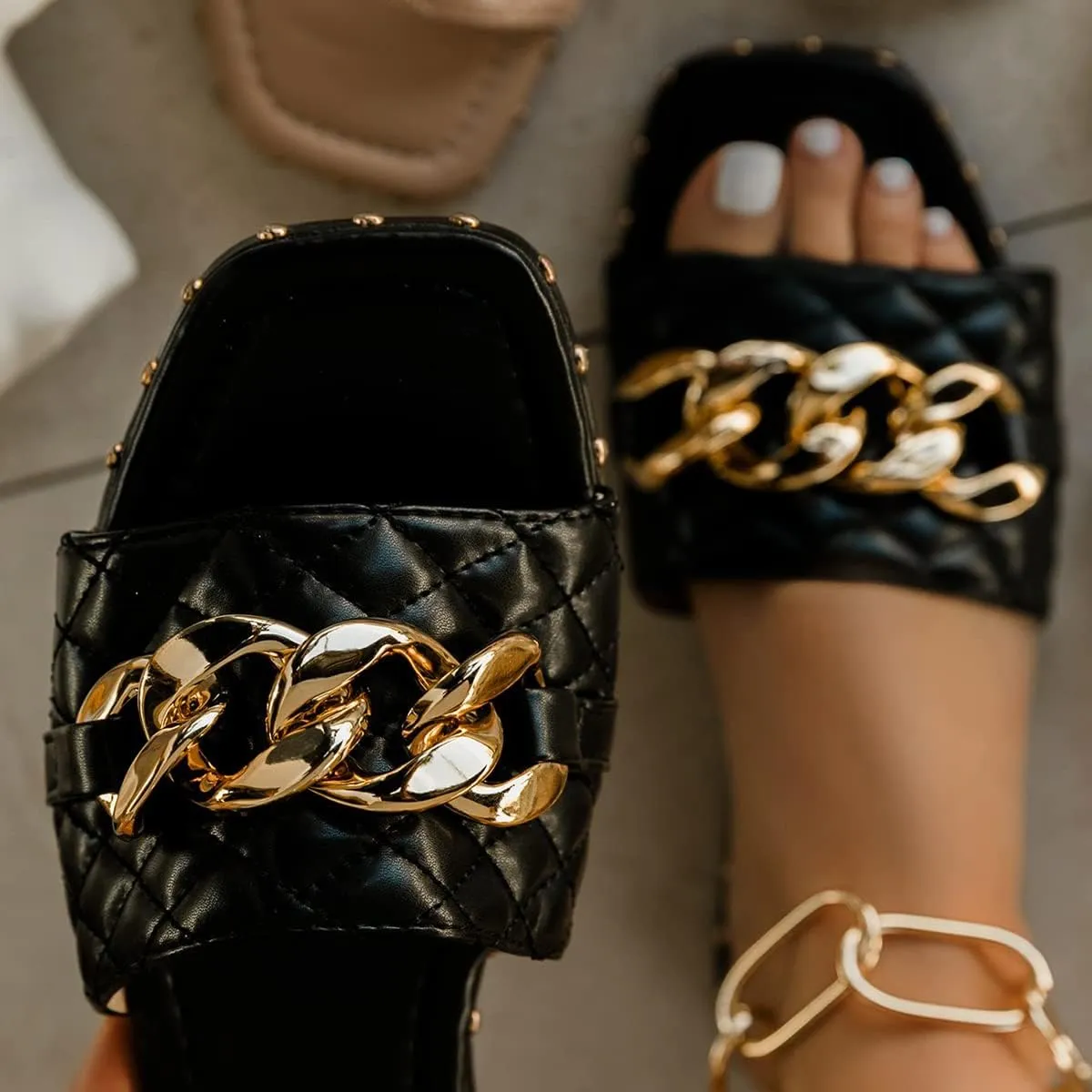FSJ Women Sexy Square Open Toe Comfortable Flat Thick Sole Cushion Sandals Fashion Gold Chain Style Slip On Slides Checkered Strap Studded Daily Ladies Summer Shoes Size 4-15 US
