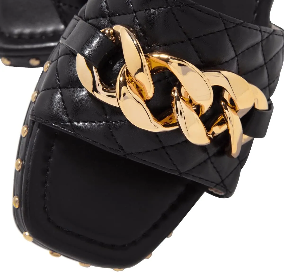 FSJ Women Sexy Square Open Toe Comfortable Flat Thick Sole Cushion Sandals Fashion Gold Chain Style Slip On Slides Checkered Strap Studded Daily Ladies Summer Shoes Size 4-15 US