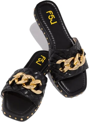 FSJ Women Sexy Square Open Toe Comfortable Flat Thick Sole Cushion Sandals Fashion Gold Chain Style Slip On Slides Checkered Strap Studded Daily Ladies Summer Shoes Size 4-15 US
