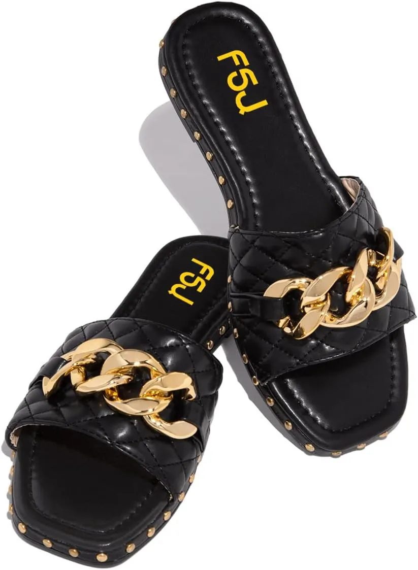 FSJ Women Sexy Square Open Toe Comfortable Flat Thick Sole Cushion Sandals Fashion Gold Chain Style Slip On Slides Checkered Strap Studded Daily Ladies Summer Shoes Size 4-15 US