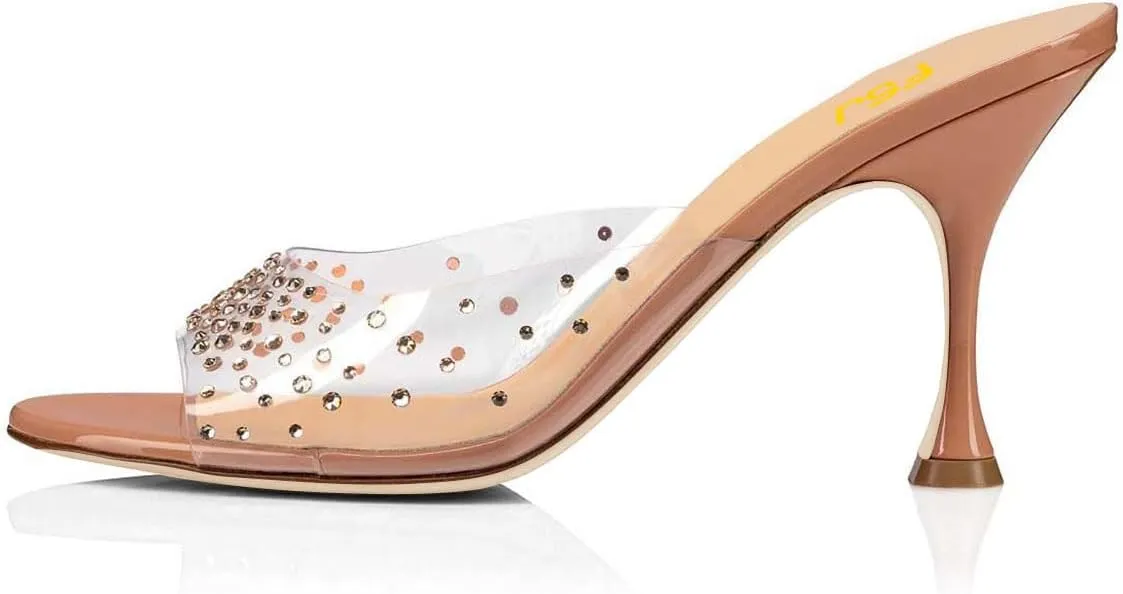 FSJ Women Versatile Open Toe Slide Spool Mid Heel Mules Round Toe Slip On Backless Sandals Dressy Summer Slipper Shoes Size 4-15 US