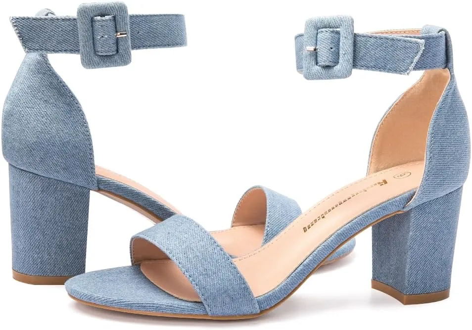 FUNKYMONKEY Women's Chunky High Heels Sandals,Two Strap Open Toe Ankle Strap Heeled Sandal,Party Wedding Strappy Buckle Sandals