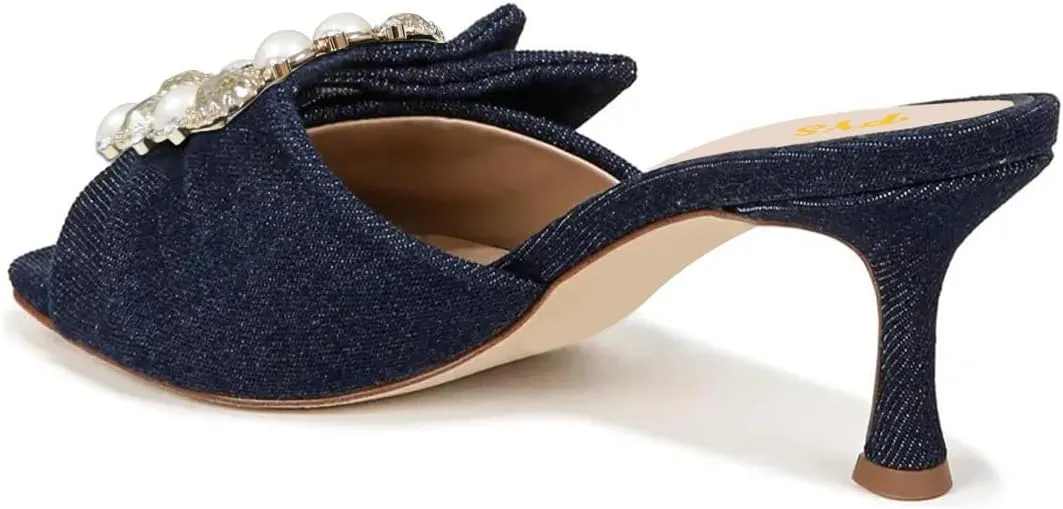 FYS Women Square Open Toe Mules Slip on Kitten Mid Heel Slippers Pearl Rhinestone Elegant Sandal Outfit Shoes Size 4-16 US