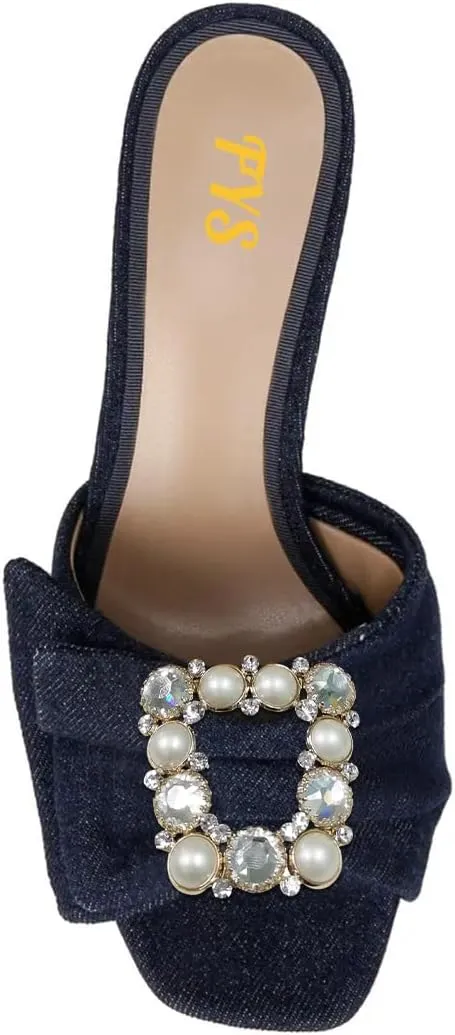 FYS Women Square Open Toe Mules Slip on Kitten Mid Heel Slippers Pearl Rhinestone Elegant Sandal Outfit Shoes Size 4-16 US