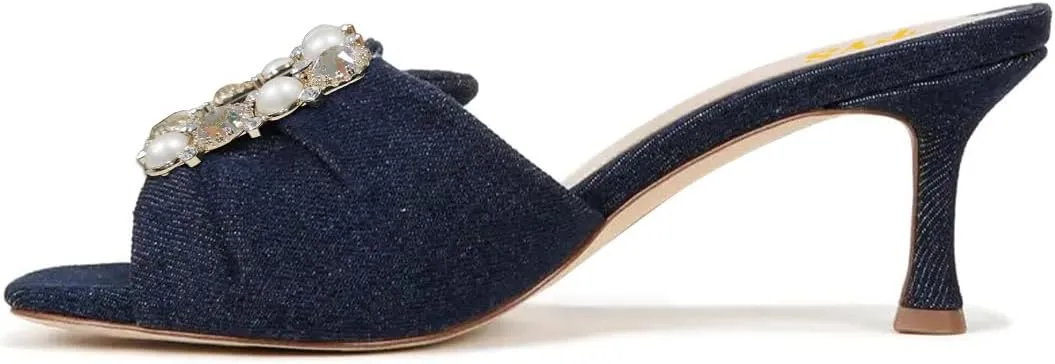FYS Women Square Open Toe Mules Slip on Kitten Mid Heel Slippers Pearl Rhinestone Elegant Sandal Outfit Shoes Size 4-16 US