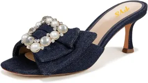 FYS Women Square Open Toe Mules Slip on Kitten Mid Heel Slippers Pearl Rhinestone Elegant Sandal Outfit Shoes Size 4-16 US