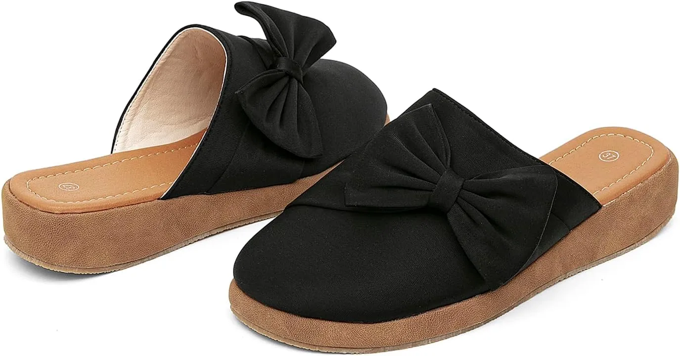 getmorebeauty Women's Cute Bow Mules Platform Clogs Closed Toe Slip-on Wedge Slides Sandals Summer Shoes