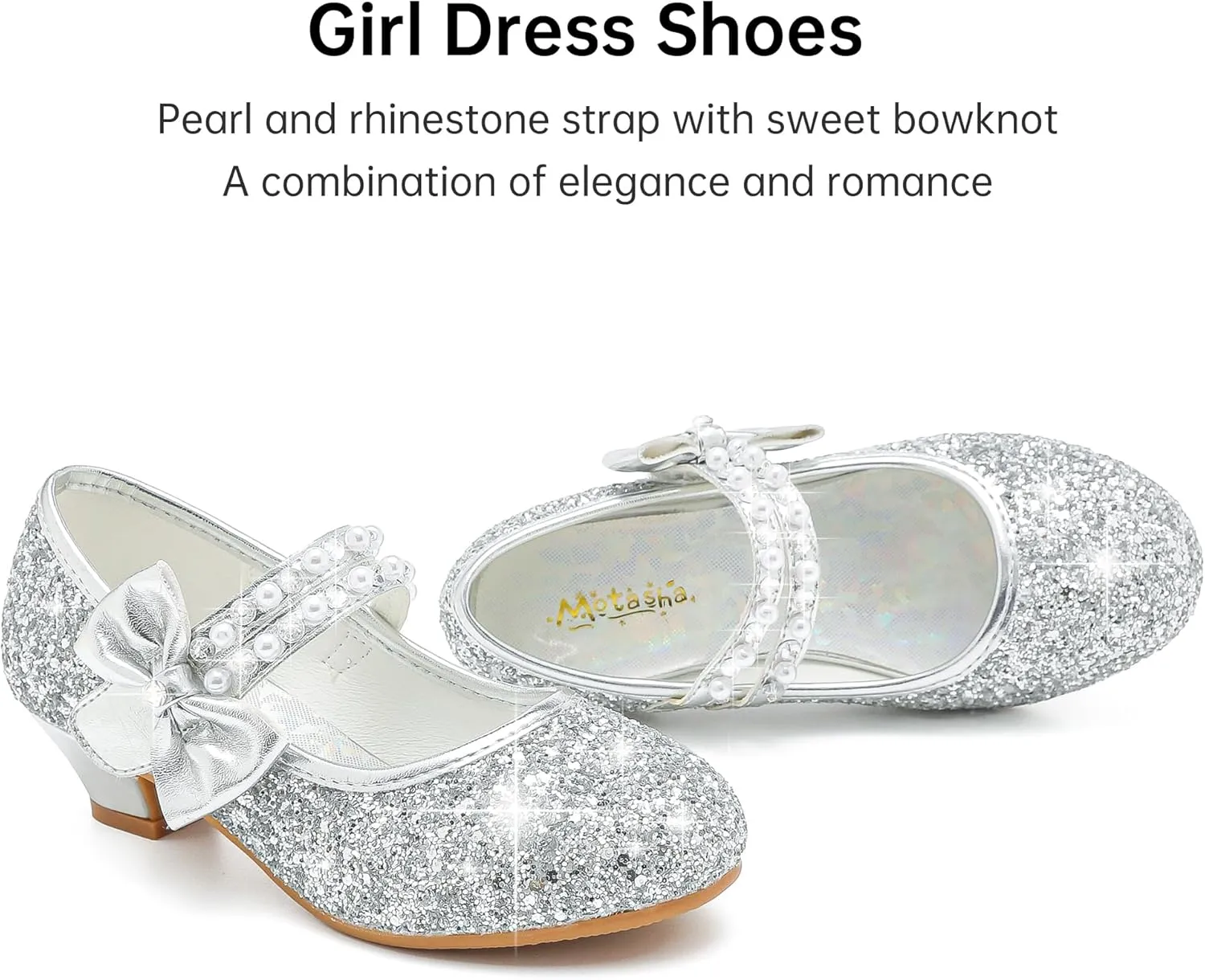 Girls Dress Shoes - Flower Girl Shoes with Low Heel Pump, Glitter Princess Heels for Toddler to Big Kids - Birthday, Christmas, Wedding & Party Occasions