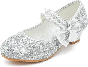 Girls Dress Shoes - Flower Girl Shoes with Low Heel Pump, Glitter Princess Heels for Toddler to Big Kids - Birthday, Christmas, Wedding & Party Occasions