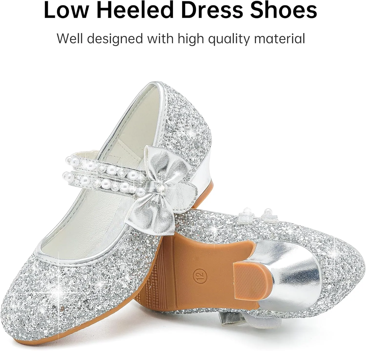 Girls Dress Shoes - Flower Girl Shoes with Low Heel Pump, Glitter Princess Heels for Toddler to Big Kids - Birthday, Christmas, Wedding & Party Occasions