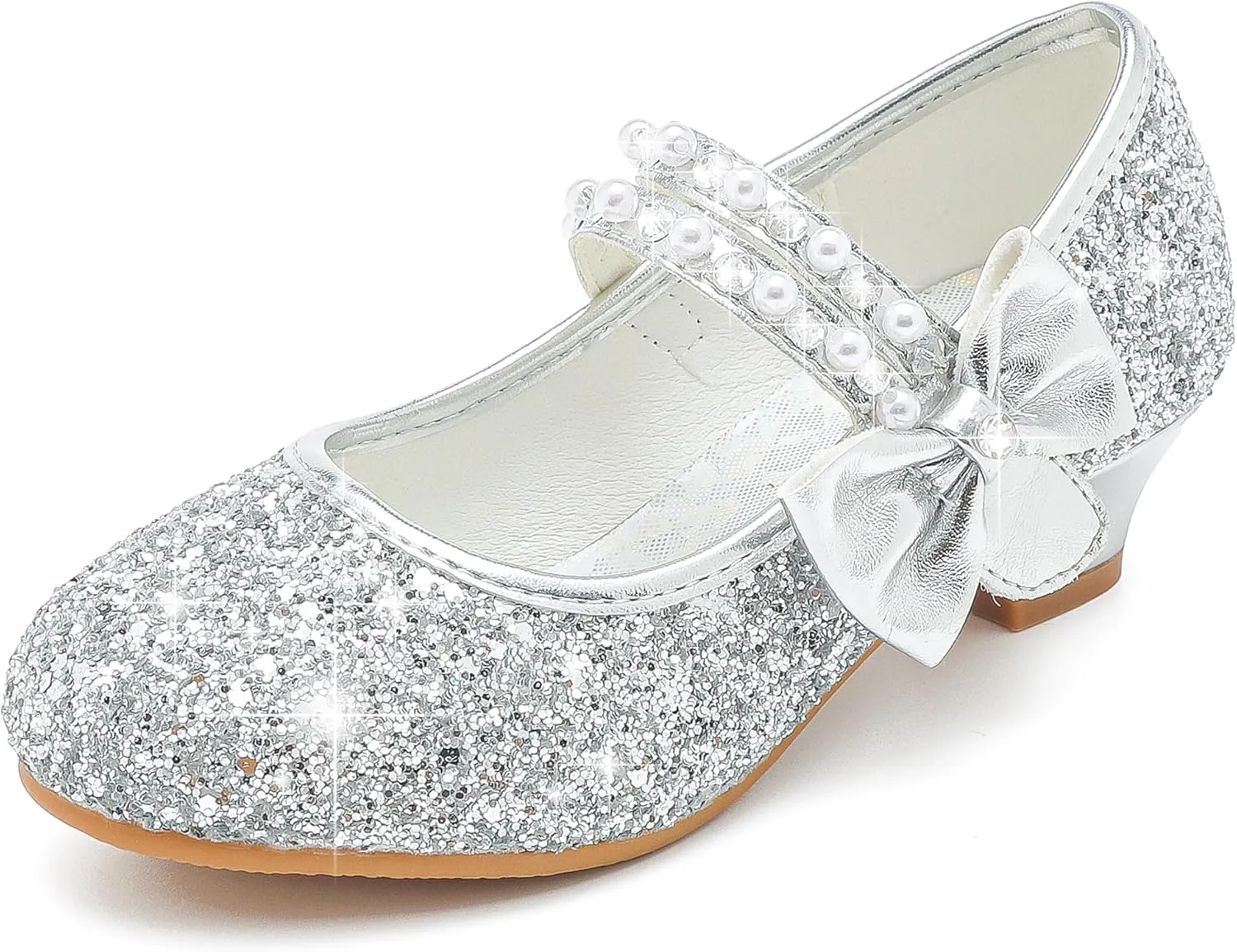 Girls Dress Shoes - Flower Girl Shoes with Low Heel Pump, Glitter Princess Heels for Toddler to Big Kids - Birthday, Christmas, Wedding & Party Occasions