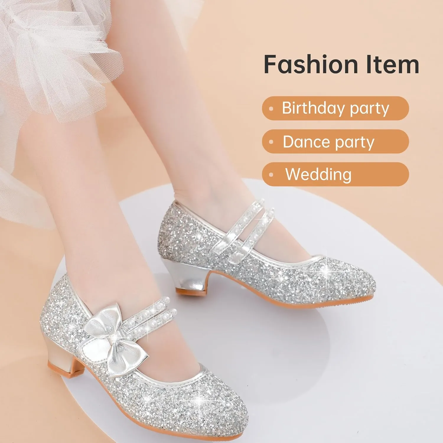 Girls Dress Shoes - Flower Girl Shoes with Low Heel Pump, Glitter Princess Heels for Toddler to Big Kids - Birthday, Christmas, Wedding & Party Occasions