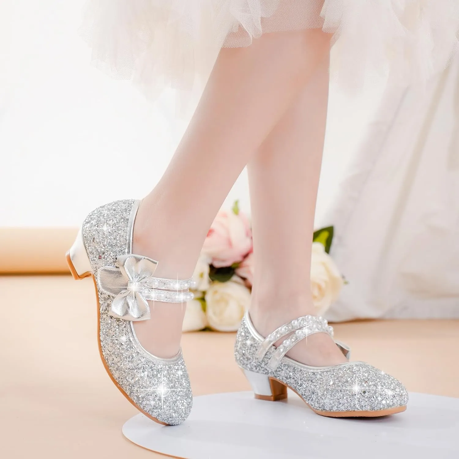 Girls Dress Shoes - Flower Girl Shoes with Low Heel Pump, Glitter Princess Heels for Toddler to Big Kids - Birthday, Christmas, Wedding & Party Occasions
