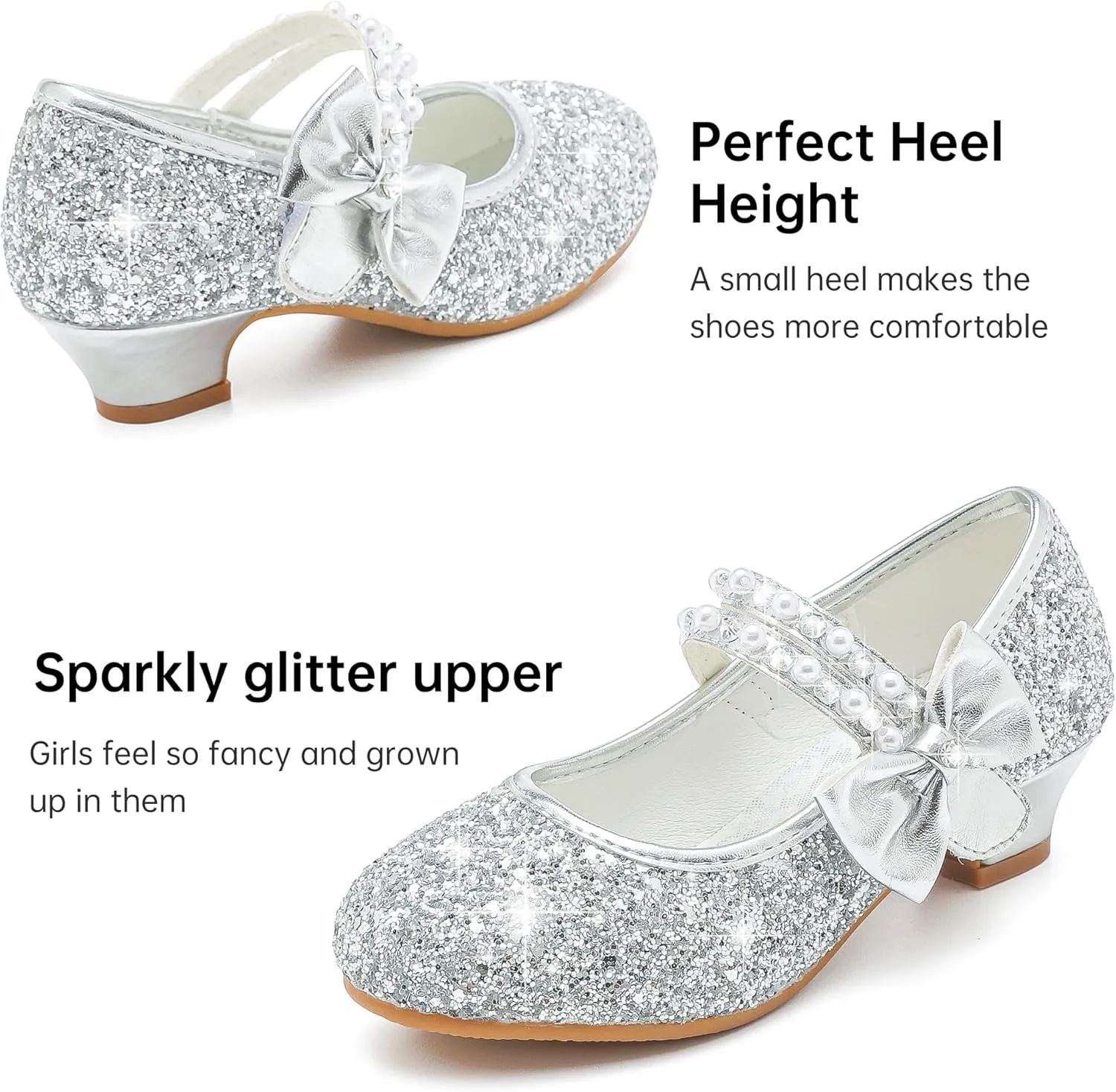 Girls Dress Shoes - Flower Girl Shoes with Low Heel Pump, Glitter Princess Heels for Toddler to Big Kids - Birthday, Christmas, Wedding & Party Occasions