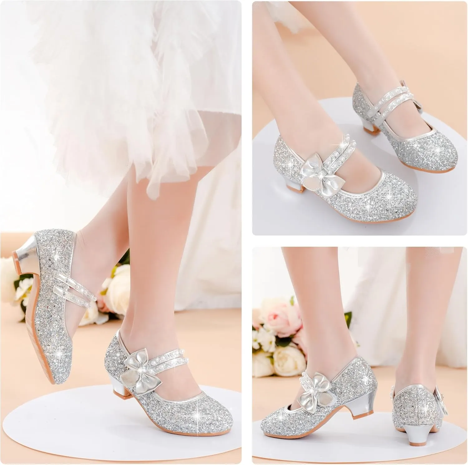 Girls Dress Shoes - Flower Girl Shoes with Low Heel Pump, Glitter Princess Heels for Toddler to Big Kids - Birthday, Christmas, Wedding & Party Occasions