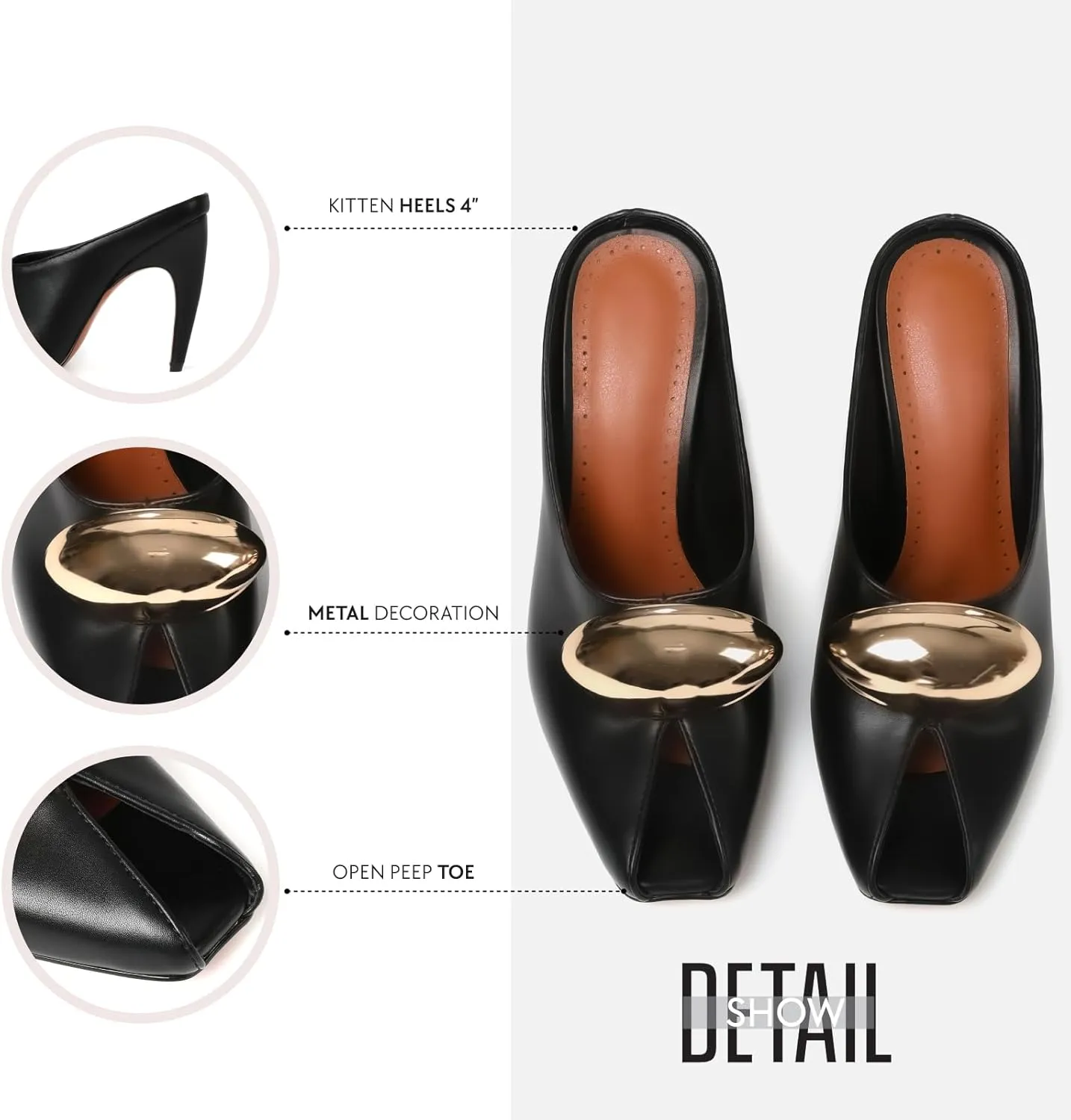 Goiphrri Stiletto Heels for Women Peep Toe Pull on Heeled Mules Kitten heel Mule Sandals Solid Pointed Toe Pumps High Heeled Sandals for Women