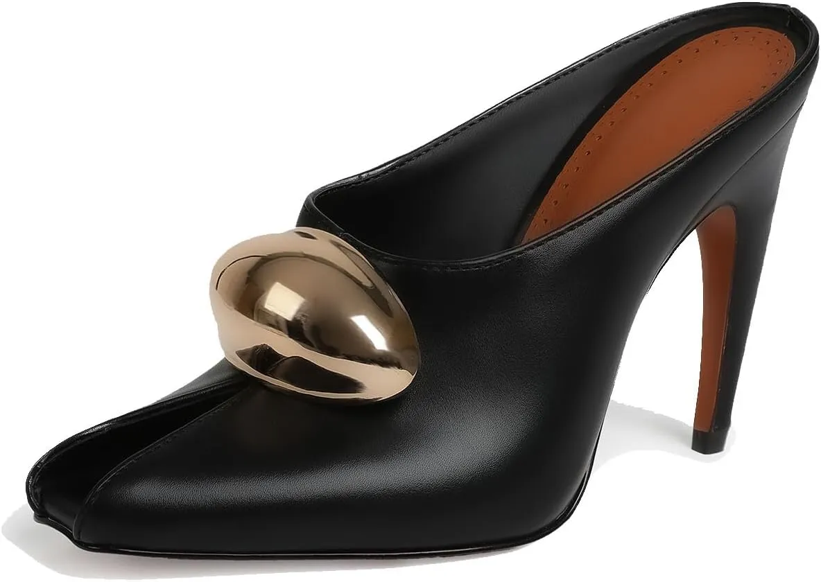 Goiphrri Stiletto Heels for Women Peep Toe Pull on Heeled Mules Kitten heel Mule Sandals Solid Pointed Toe Pumps High Heeled Sandals for Women