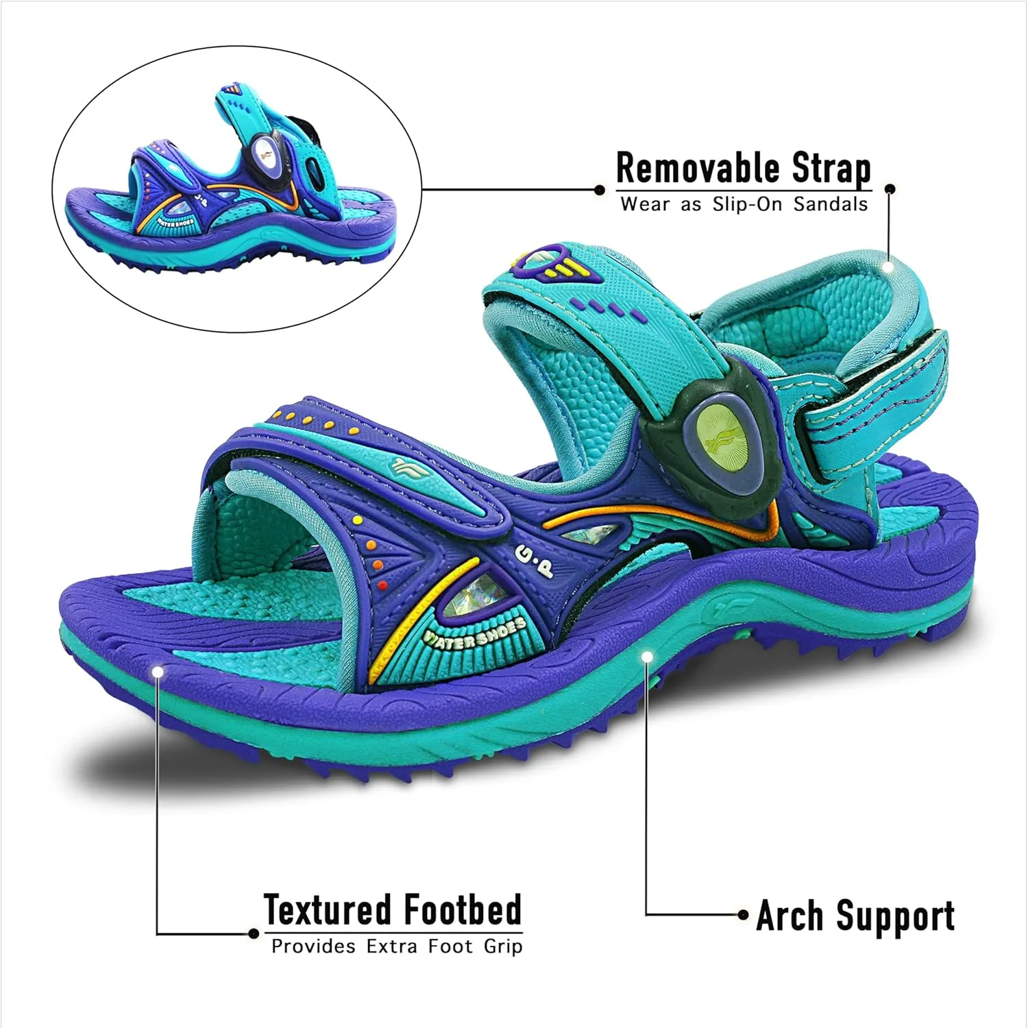Gold Pigeon Shoes KIDS Easy Snap Lock Outdoor/Water Sandals & Slides. Adjustable Straps