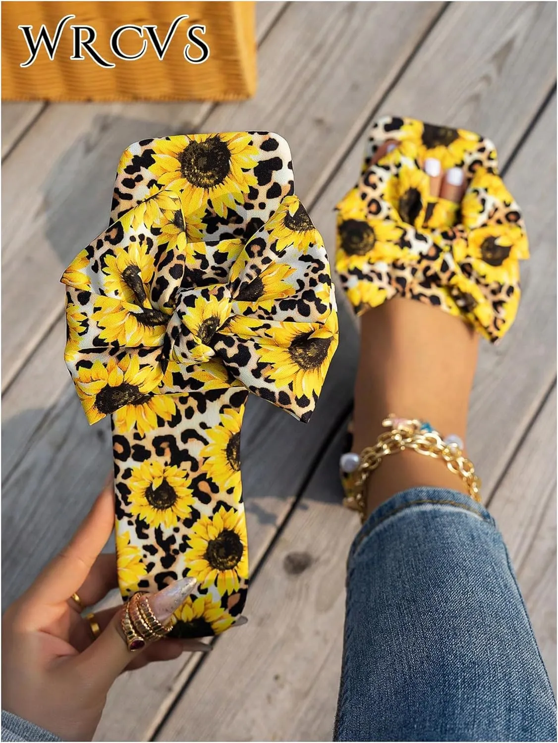 GORGLITTER Women's Bow Cute Trendy Sandals 2025 Graphic Print Dressy Open Square Toe Summer Slide Flat Sandals