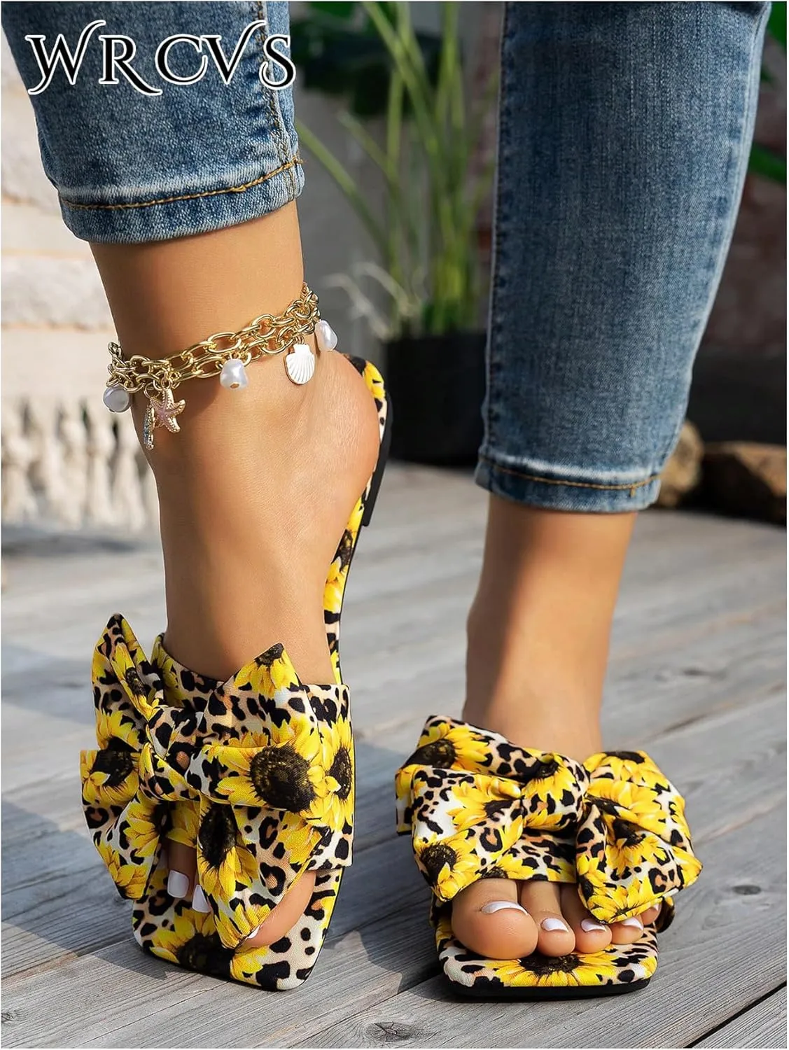 GORGLITTER Women's Bow Cute Trendy Sandals 2025 Graphic Print Dressy Open Square Toe Summer Slide Flat Sandals