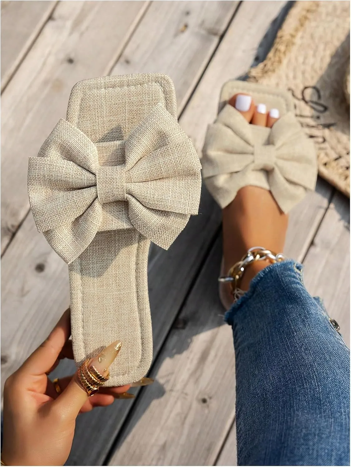 GORGLITTER Women's Bow Cute Trendy Sandals 2025 Graphic Print Dressy Open Square Toe Summer Slide Flat Sandals