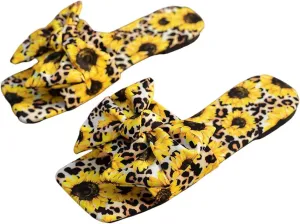 GORGLITTER Women's Bow Cute Trendy Sandals 2025 Graphic Print Dressy Open Square Toe Summer Slide Flat Sandals