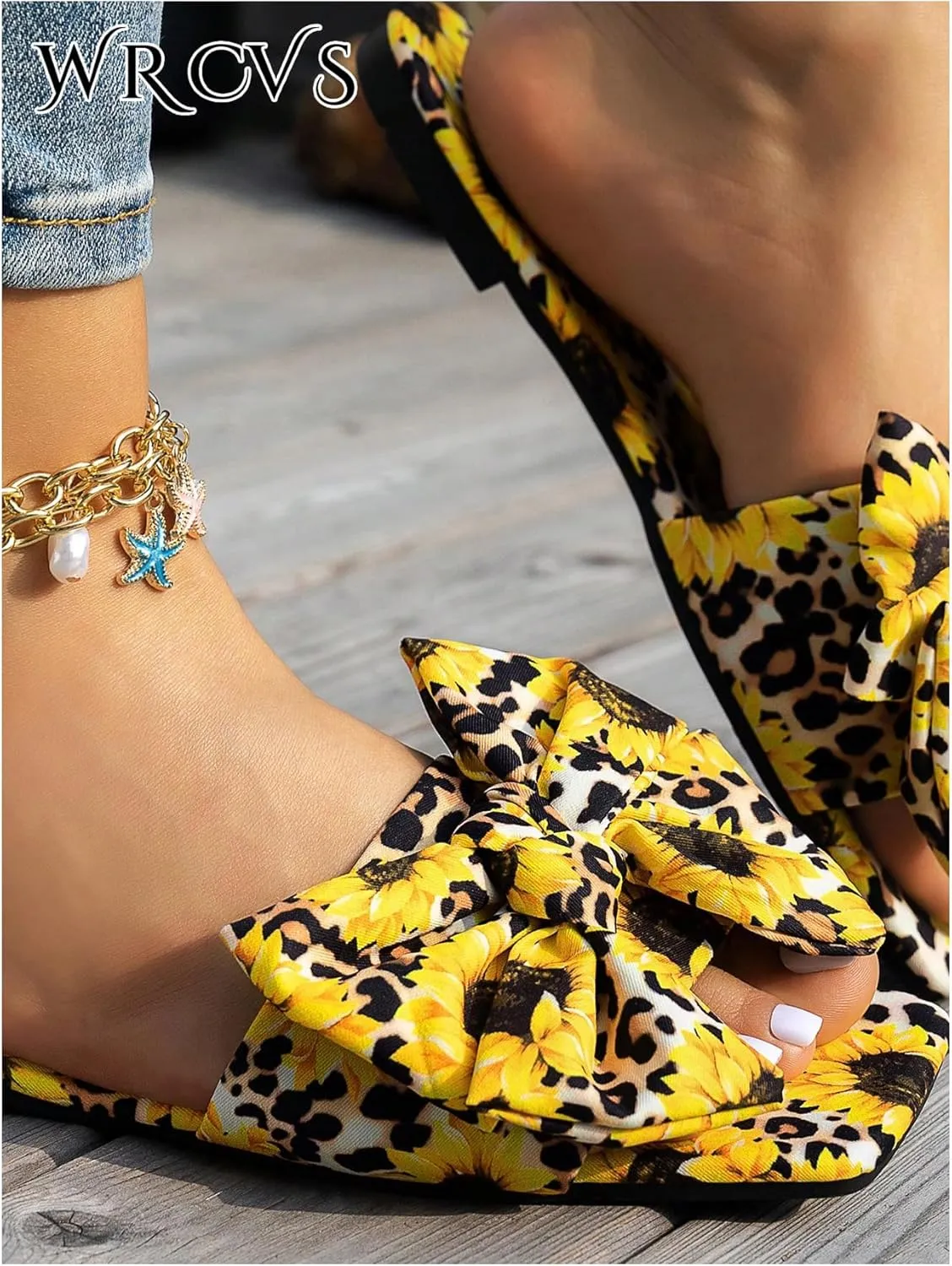 GORGLITTER Women's Bow Cute Trendy Sandals 2025 Graphic Print Dressy Open Square Toe Summer Slide Flat Sandals