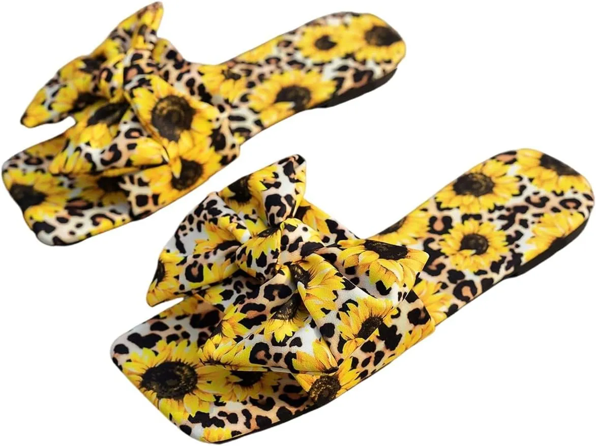 GORGLITTER Women's Bow Cute Trendy Sandals 2025 Graphic Print Dressy Open Square Toe Summer Slide Flat Sandals