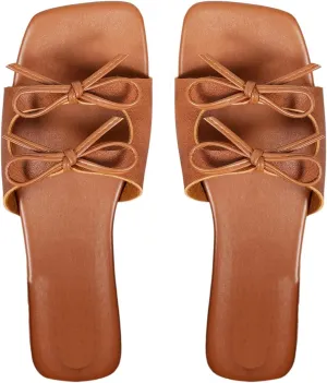 GORGLITTER Women's Bow Tie Cut Out Flat Sandals Square Open Toe Dressy Summer Vacation Slip On Slides Shoes