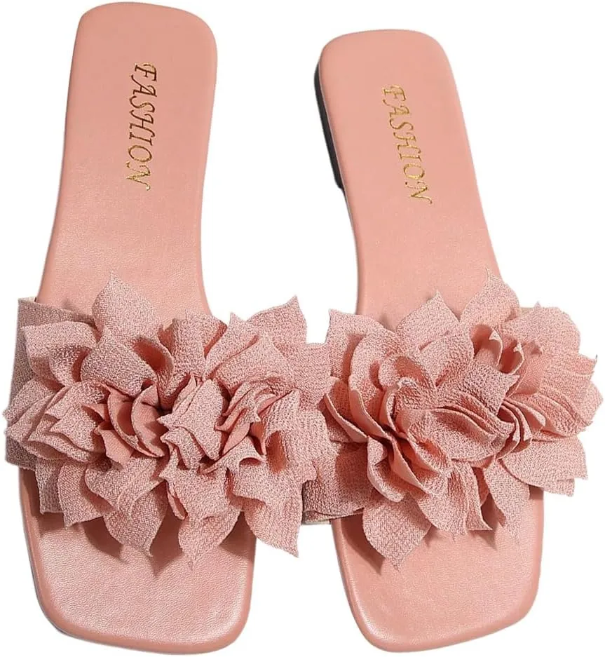 GORGLITTER Women's Flower Vacation Trendy 2025 Sandals Sexy Square Open Toe Dressy Beach Flat Sandals