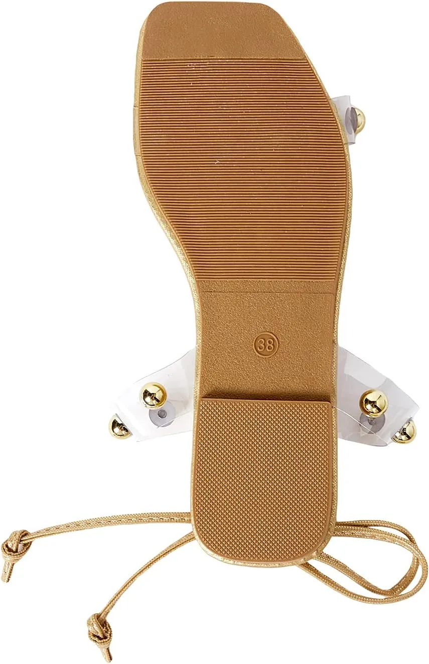 GORGLITTER Women's Metallic Lace Up Flat Sandals Dressy Clear Strappy Square Open Toe Summer Sandals