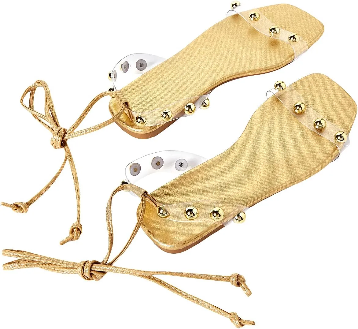 GORGLITTER Women's Metallic Lace Up Flat Sandals Dressy Clear Strappy Square Open Toe Summer Sandals