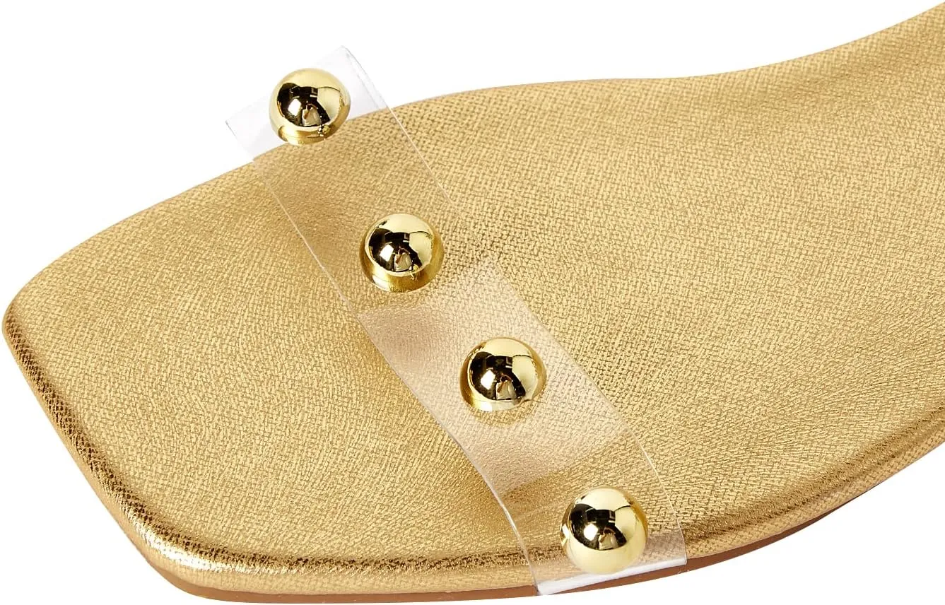GORGLITTER Women's Metallic Lace Up Flat Sandals Dressy Clear Strappy Square Open Toe Summer Sandals